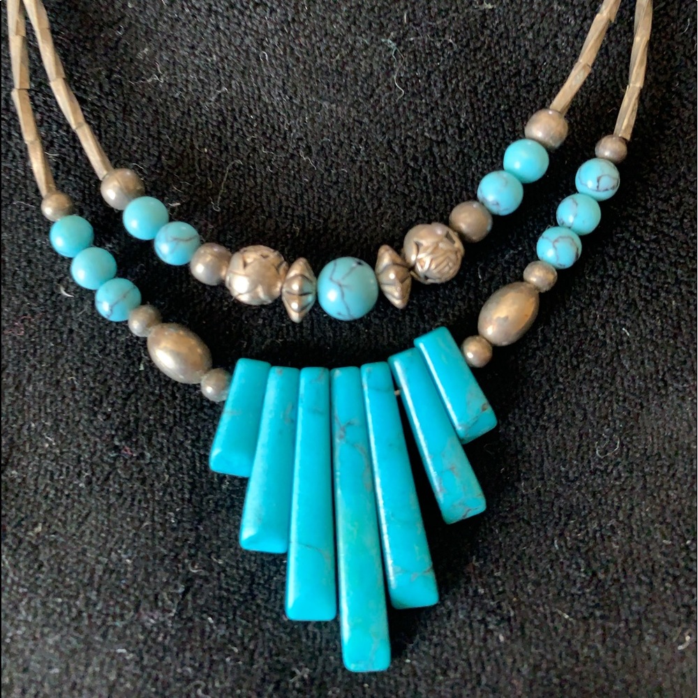 Turquoise and silver color necklace.